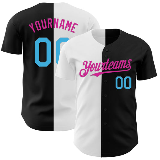 Custom Black Sky Blue Deep Pink-White Authentic Split Fashion Baseball Jersey - Sky-Custom