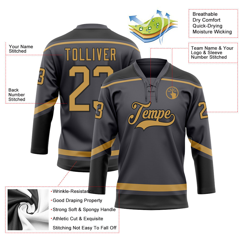 Custom Steel Gray Old Gold-Black Hockey Lace Neck Jersey - Sky-Custom
