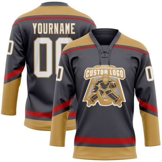 Custom Steel Gray White Old Gold-Red Hockey Lace Neck Jersey - Sky-Custom