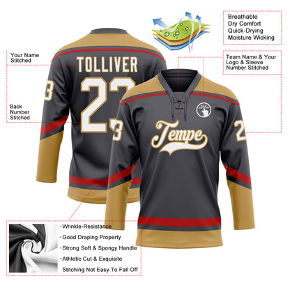 Custom Steel Gray White Old Gold-Red Hockey Lace Neck Jersey - Sky-Custom
