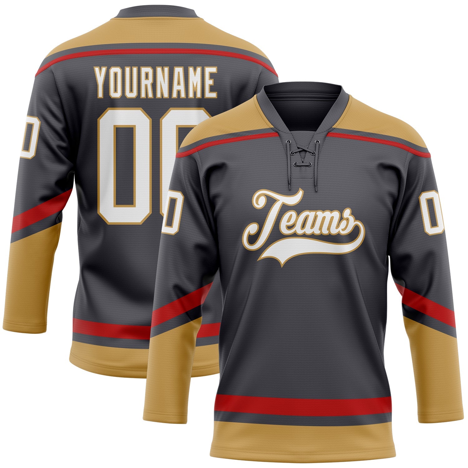 Custom Steel Gray White Old Gold-Red Hockey Lace Neck Jersey - Sky-Custom
