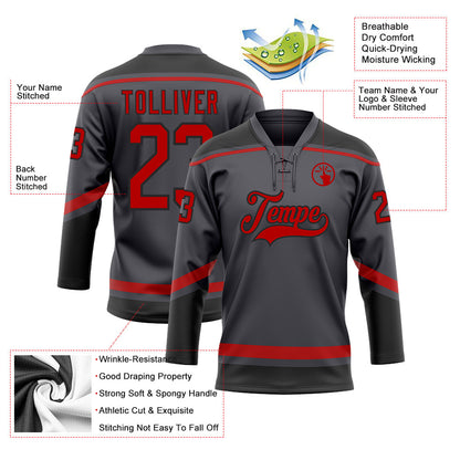 Custom Steel Gray Red-Black Hockey Lace Neck Jersey - Sky-Custom