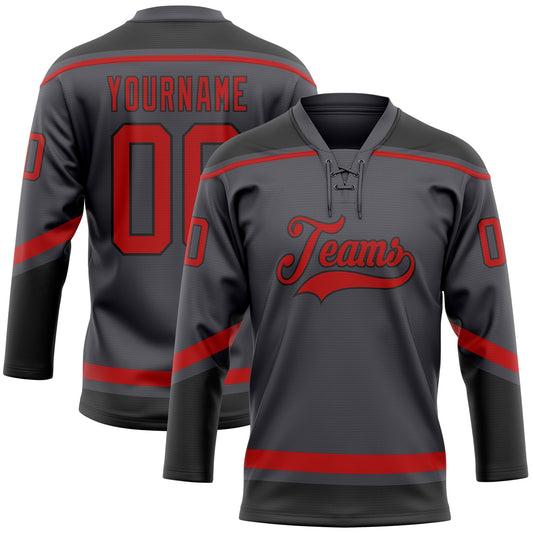 Custom Steel Gray Red-Black Hockey Lace Neck Jersey - Sky-Custom