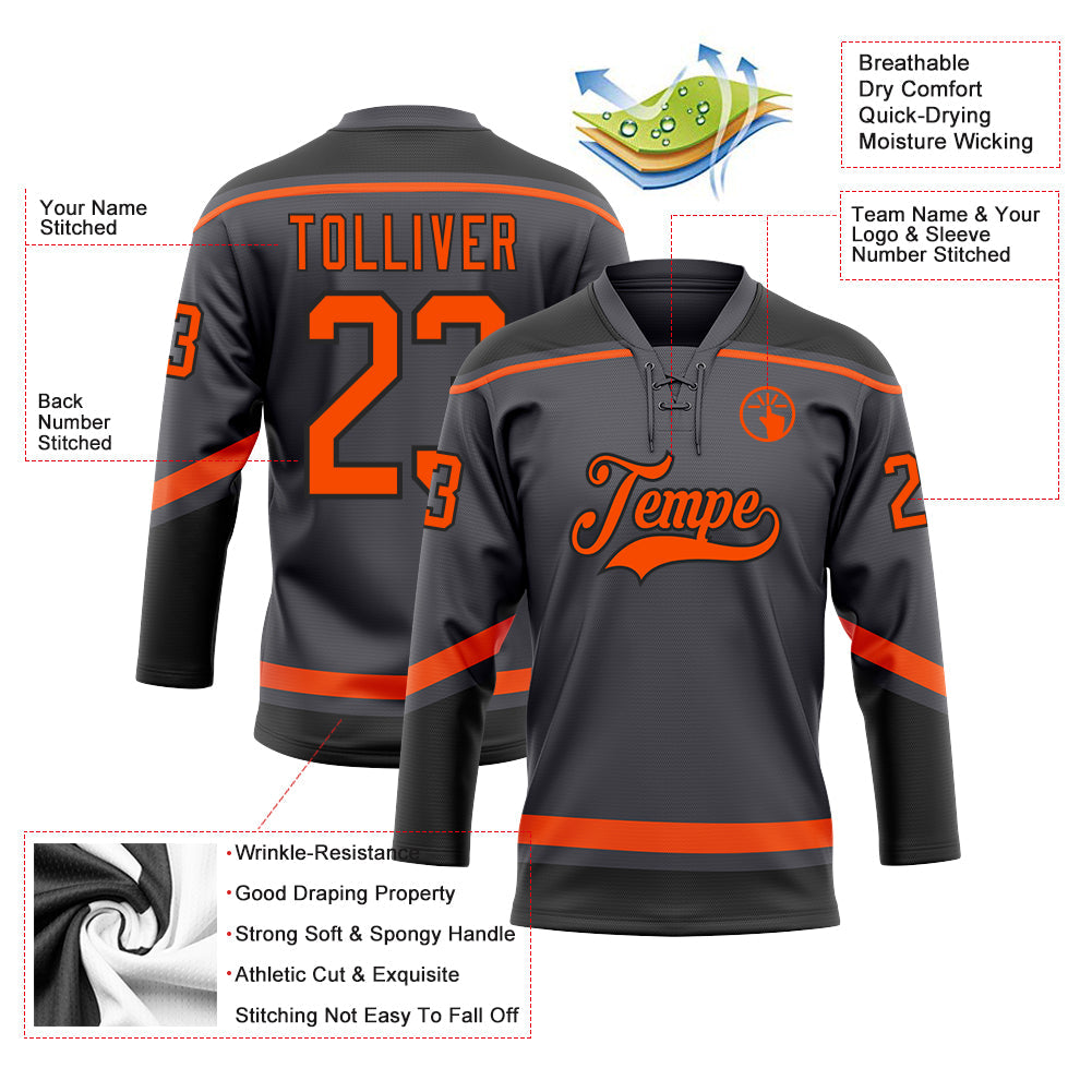 Custom Steel Gray Orange-Black Hockey Lace Neck Jersey - Sky-Custom