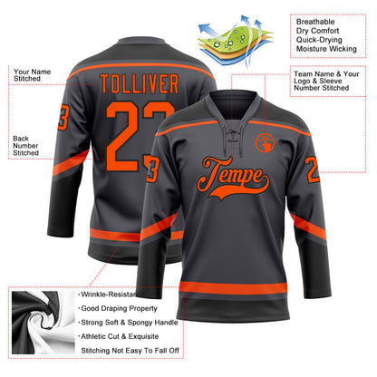 Custom Steel Gray Orange-Black Hockey Lace Neck Jersey - Sky-Custom