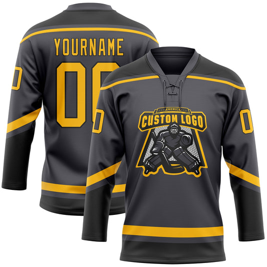 Custom Steel Gray Gold-Black Hockey Lace Neck Jersey - Sky-Custom