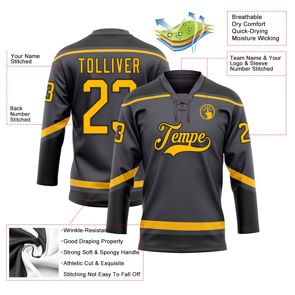 Custom Steel Gray Gold-Black Hockey Lace Neck Jersey - Sky-Custom