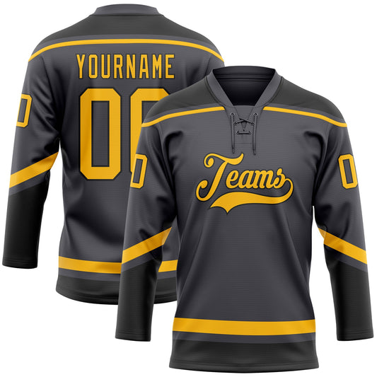 Custom Steel Gray Gold-Black Hockey Lace Neck Jersey - Sky-Custom