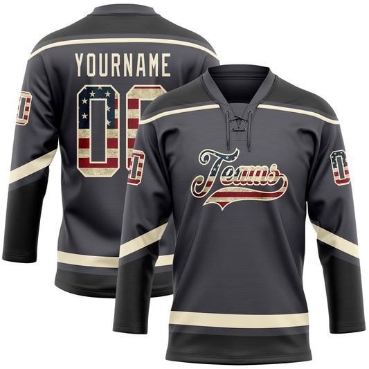 Custom Steel Gray Vintage USA Flag Cream-Black Hockey Lace Neck Jersey - Sky-Custom