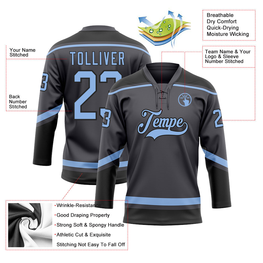 Custom Steel Gray Light Blue-Black Hockey Lace Neck Jersey - Sky-Custom