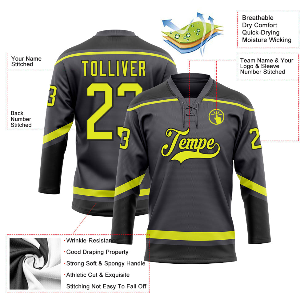 Custom Steel Gray Neon Yellow-Black Hockey Lace Neck Jersey - Sky-Custom