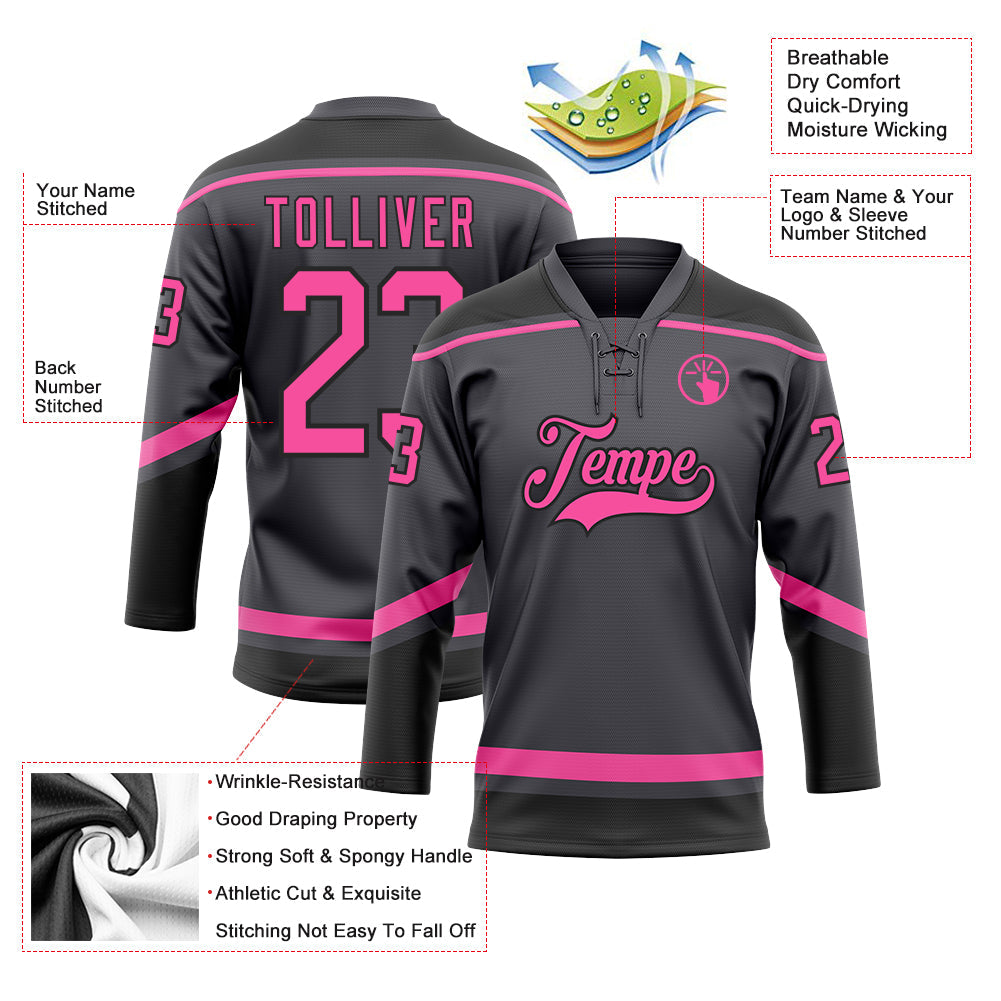 Custom Steel Gray Pink-Black Hockey Lace Neck Jersey - Sky-Custom