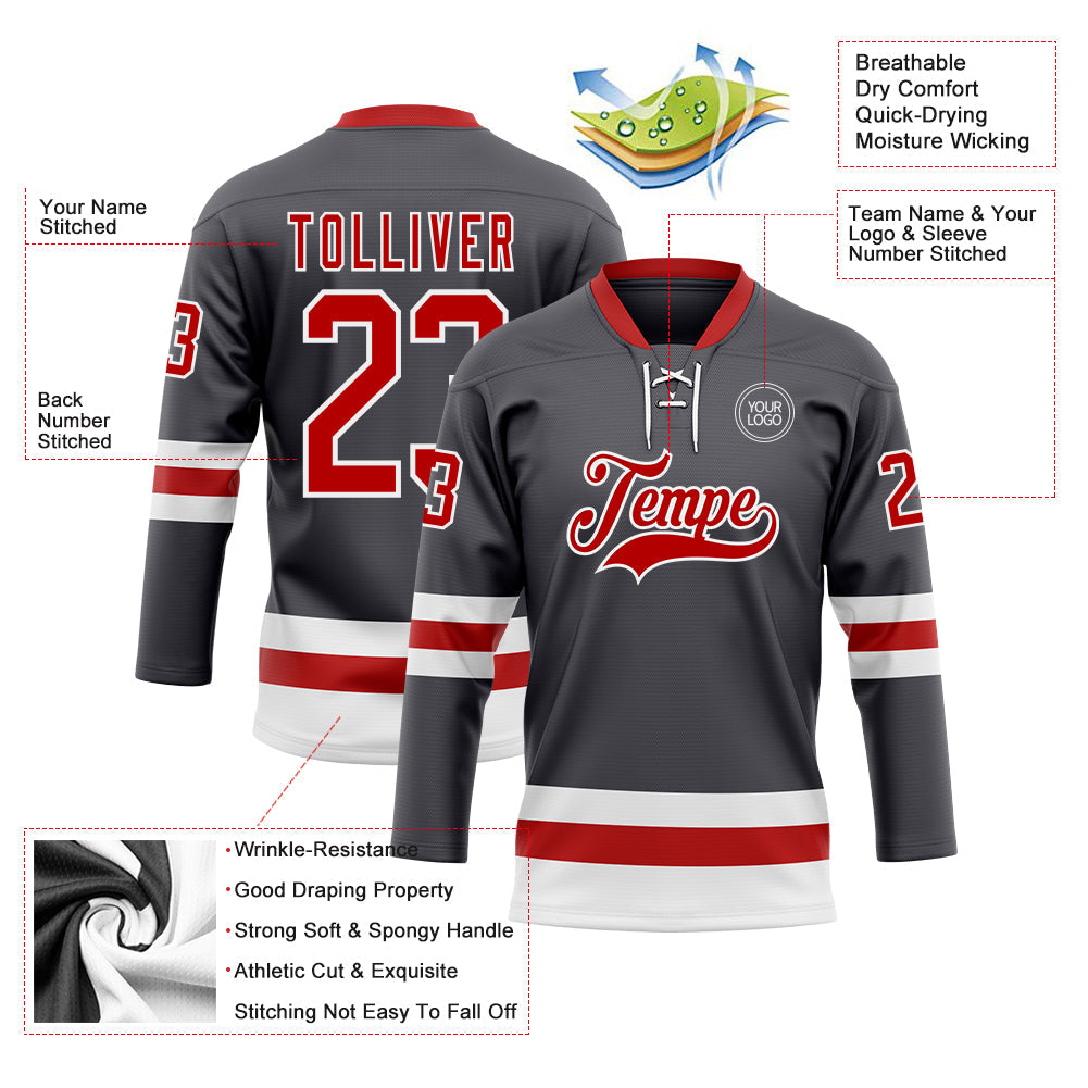 Custom Steel Gray Red-White Hockey Lace Neck Jersey - Sky-Custom