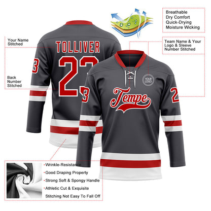 Custom Steel Gray Red-White Hockey Lace Neck Jersey - Sky-Custom