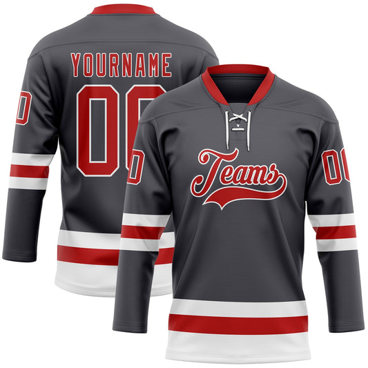 Custom Steel Gray Red-White Hockey Lace Neck Jersey - Sky-Custom