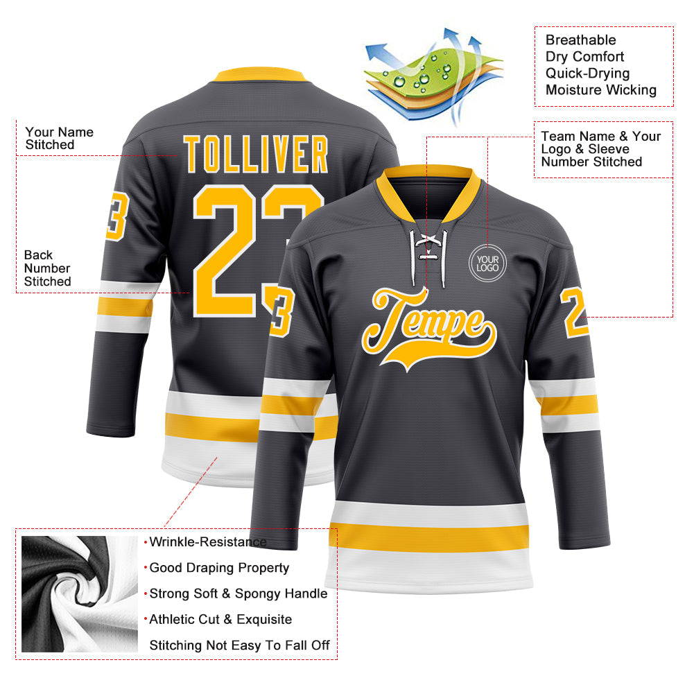 Custom Steel Gray Gold-White Hockey Lace Neck Jersey - Sky-Custom