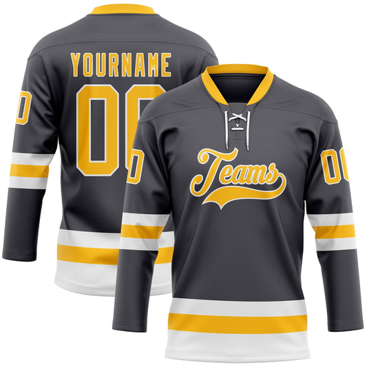 Custom Steel Gray Gold-White Hockey Lace Neck Jersey - Sky-Custom