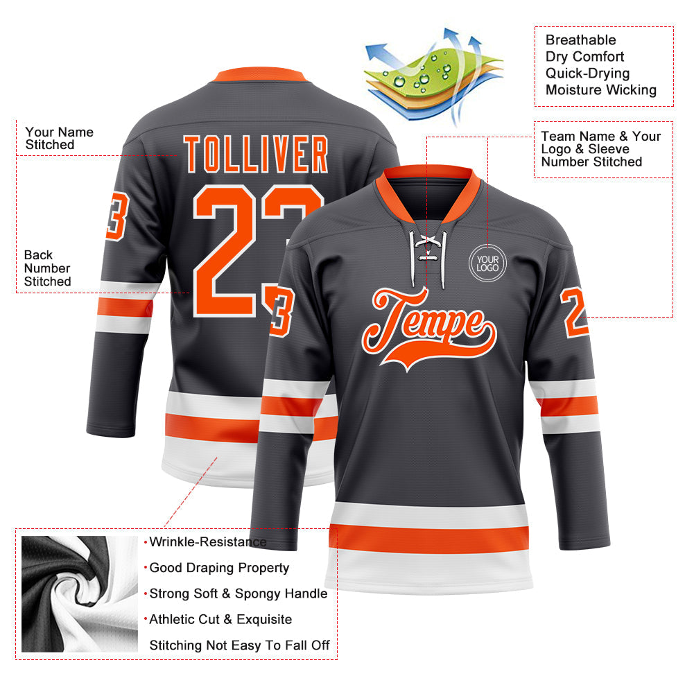 Custom Steel Gray Orange-White Hockey Lace Neck Jersey - Sky-Custom