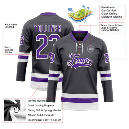 Custom Steel Gray Purple-White Hockey Lace Neck Jersey - Sky-Custom