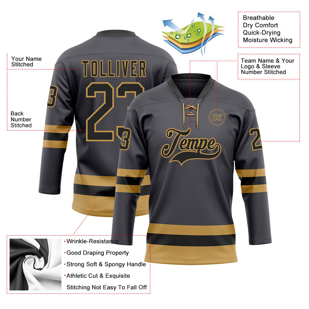 Custom Steel Gray Black-Old Gold Hockey Lace Neck Jersey - Sky-Custom