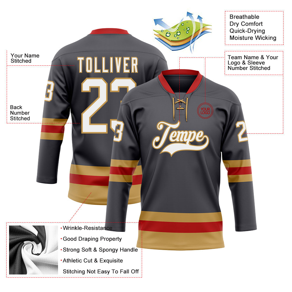 Custom Steel Gray Old Gold-Red Hockey Lace Neck Jersey - Sky-Custom
