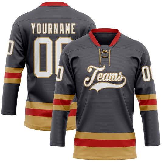 Custom Steel Gray Old Gold-Red Hockey Lace Neck Jersey - Sky-Custom