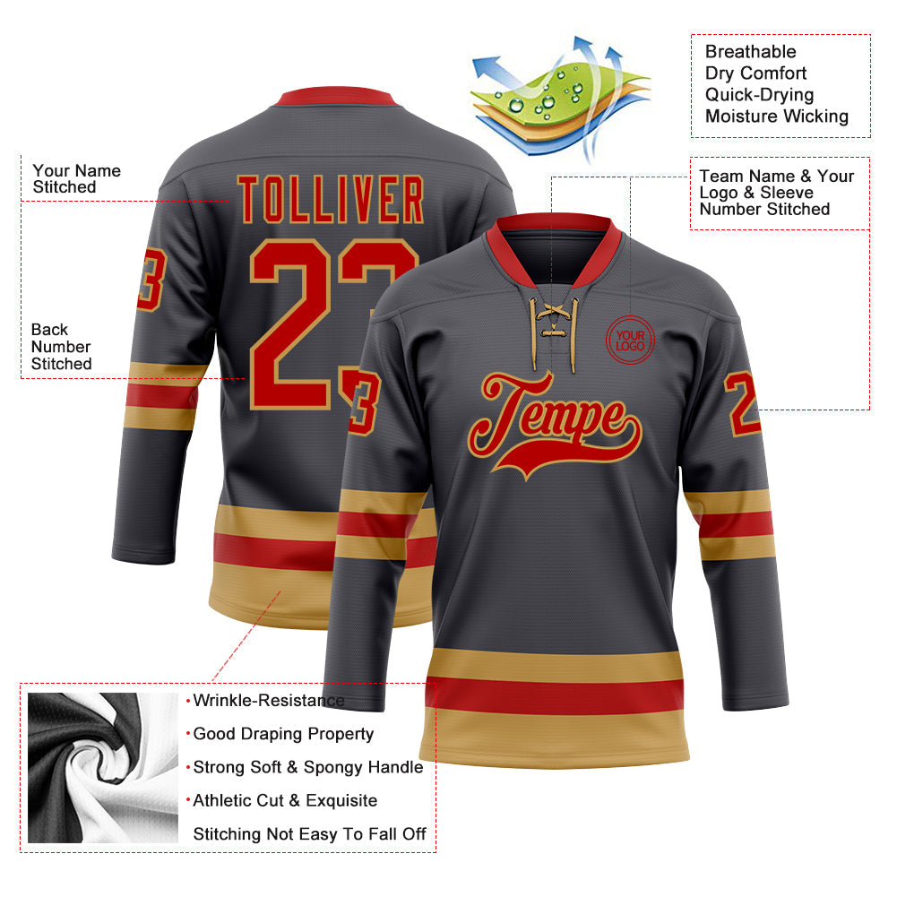 Custom Steel Gray Red-Old Gold Hockey Lace Neck Jersey - Sky-Custom