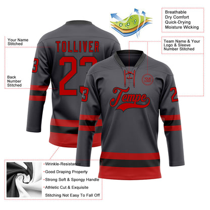 Custom Steel Gray Red-Black Hockey Lace Neck Jersey - Sky-Custom