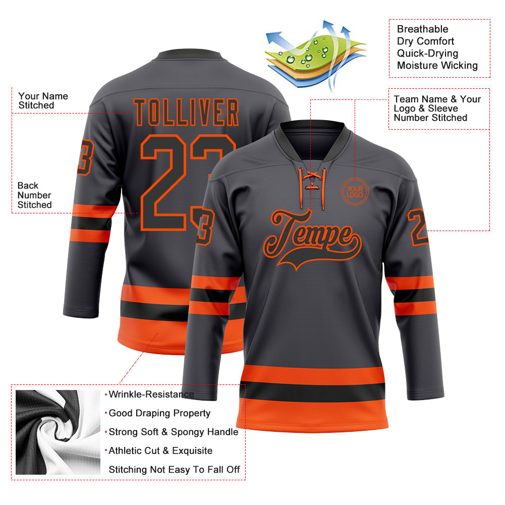 Custom Steel Gray Black-Orange Hockey Lace Neck Jersey - Sky-Custom