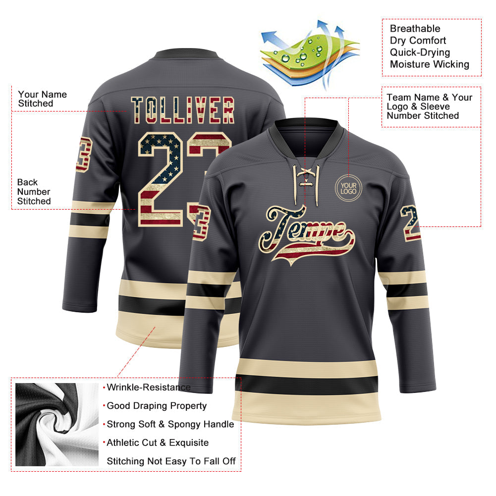 Custom Steel Gray Vintage USA Flag Cream-Black Hockey Lace Neck Jersey - Sky-Custom
