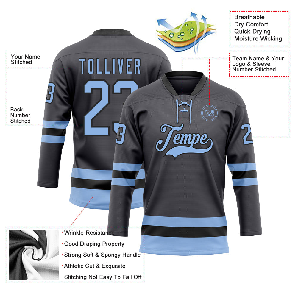 Custom Steel Gray Light Blue-Black Hockey Lace Neck Jersey - Sky-Custom