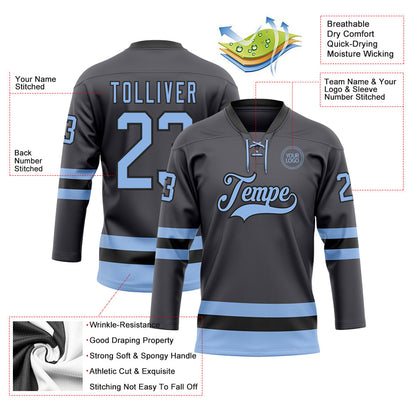 Custom Steel Gray Light Blue-Black Hockey Lace Neck Jersey - Sky-Custom