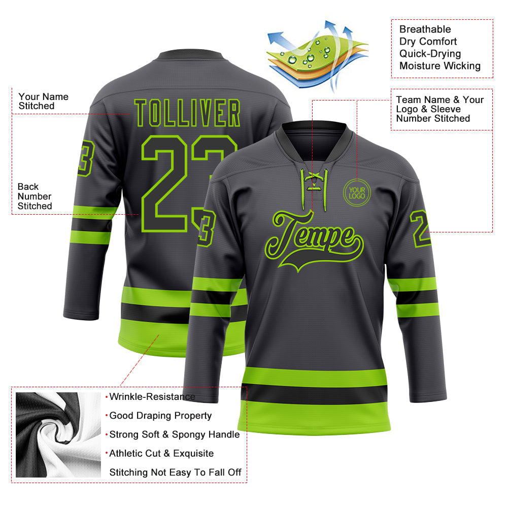 Custom Steel Gray Black-Neon Green Hockey Lace Neck Jersey - Sky-Custom