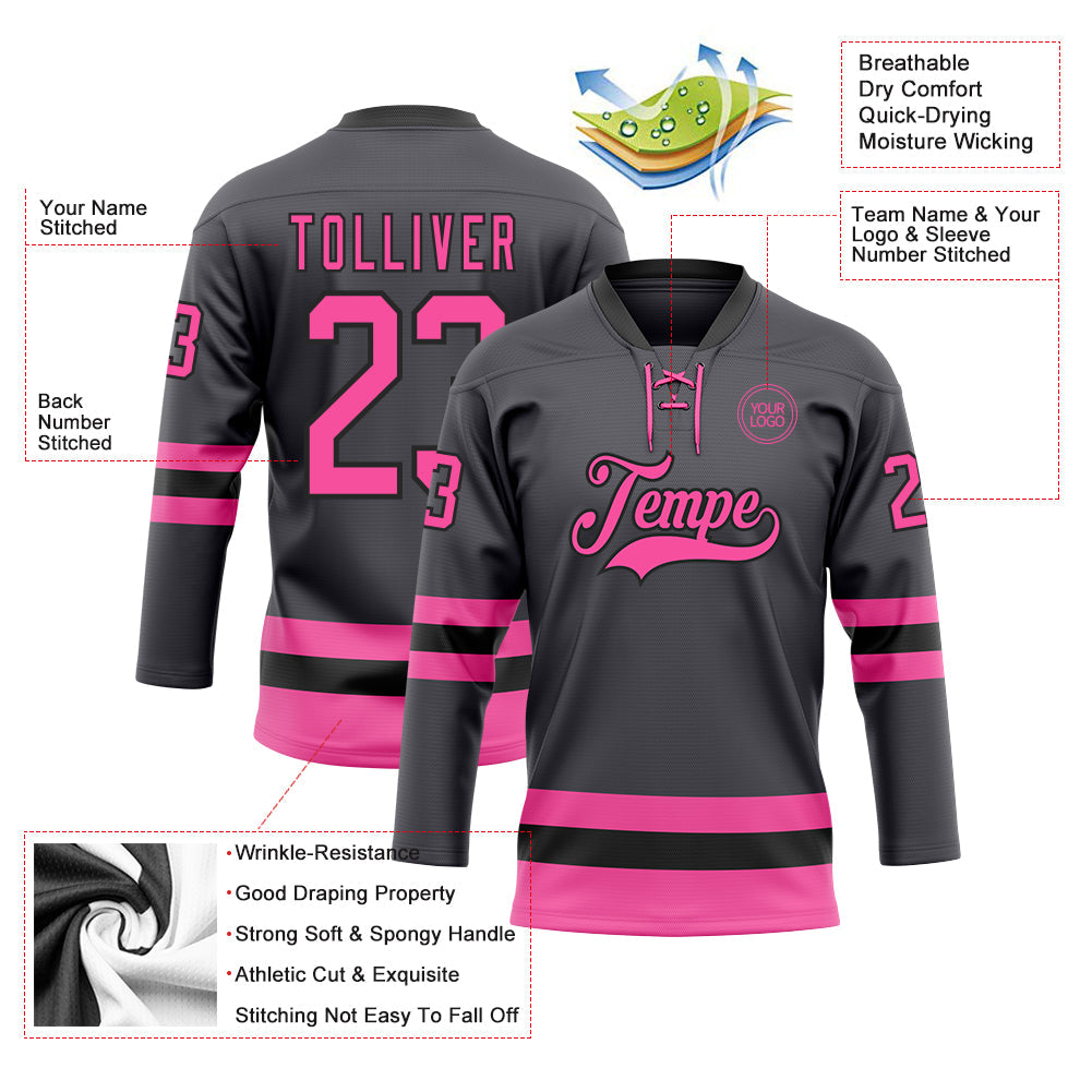 Custom Steel Gray Pink-Black Hockey Lace Neck Jersey - Sky-Custom
