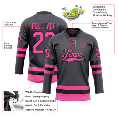 Custom Steel Gray Pink-Black Hockey Lace Neck Jersey - Sky-Custom