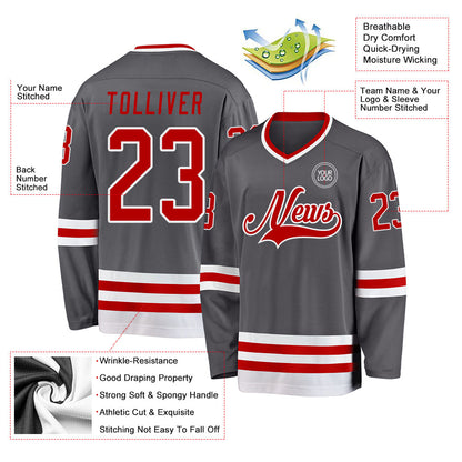 Custom Steel Gray Red-White Hockey Jersey - Sky-Custom