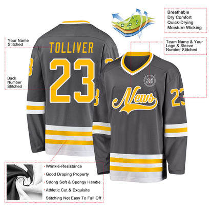 Custom Steel Gray Gold-White Hockey Jersey - Sky-Custom