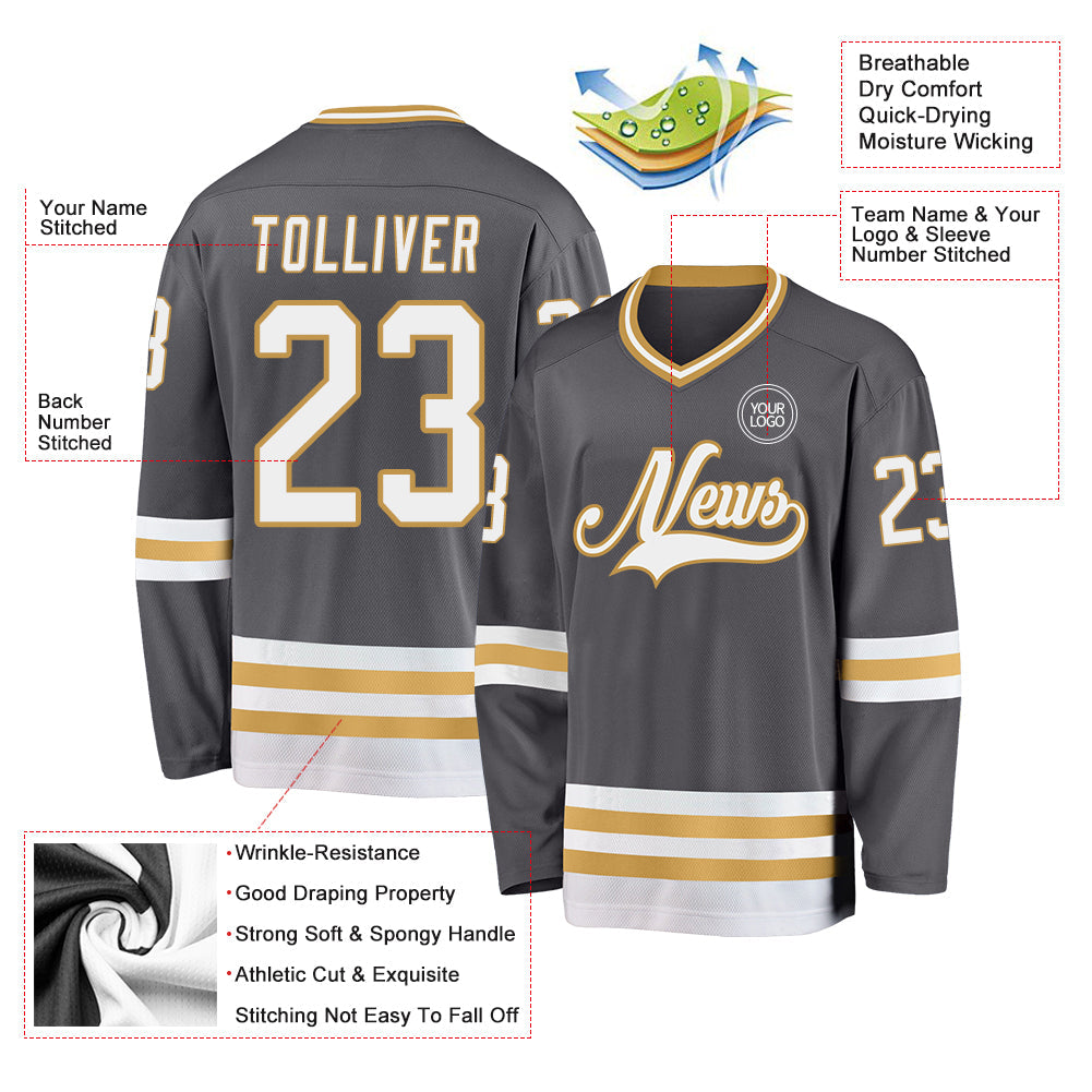 Custom Steel Gray White-Old Gold Hockey Jersey - Sky-Custom