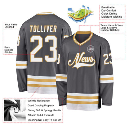 Custom Steel Gray White-Old Gold Hockey Jersey - Sky-Custom