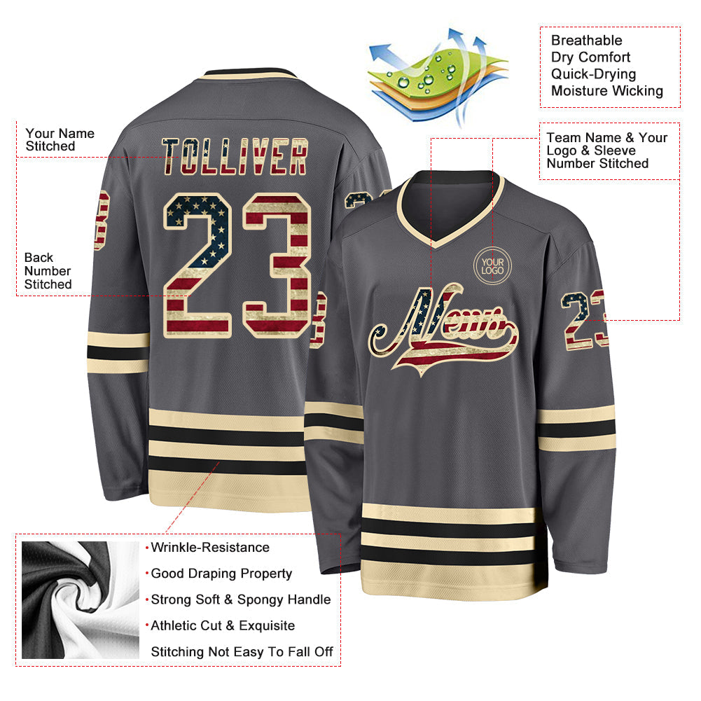 Custom Steel Gray Vintage USA Flag Cream-Black Hockey Jersey - Sky-Custom