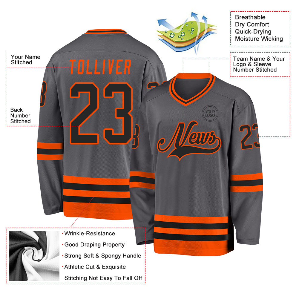 Custom Steel Gray Black-Orange Hockey Jersey - Sky-Custom