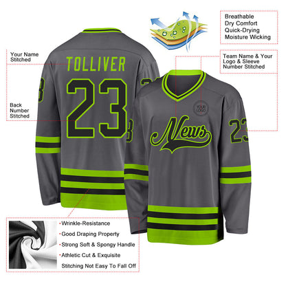 Custom Steel Gray Black-Neon Green Hockey Jersey - Sky-Custom