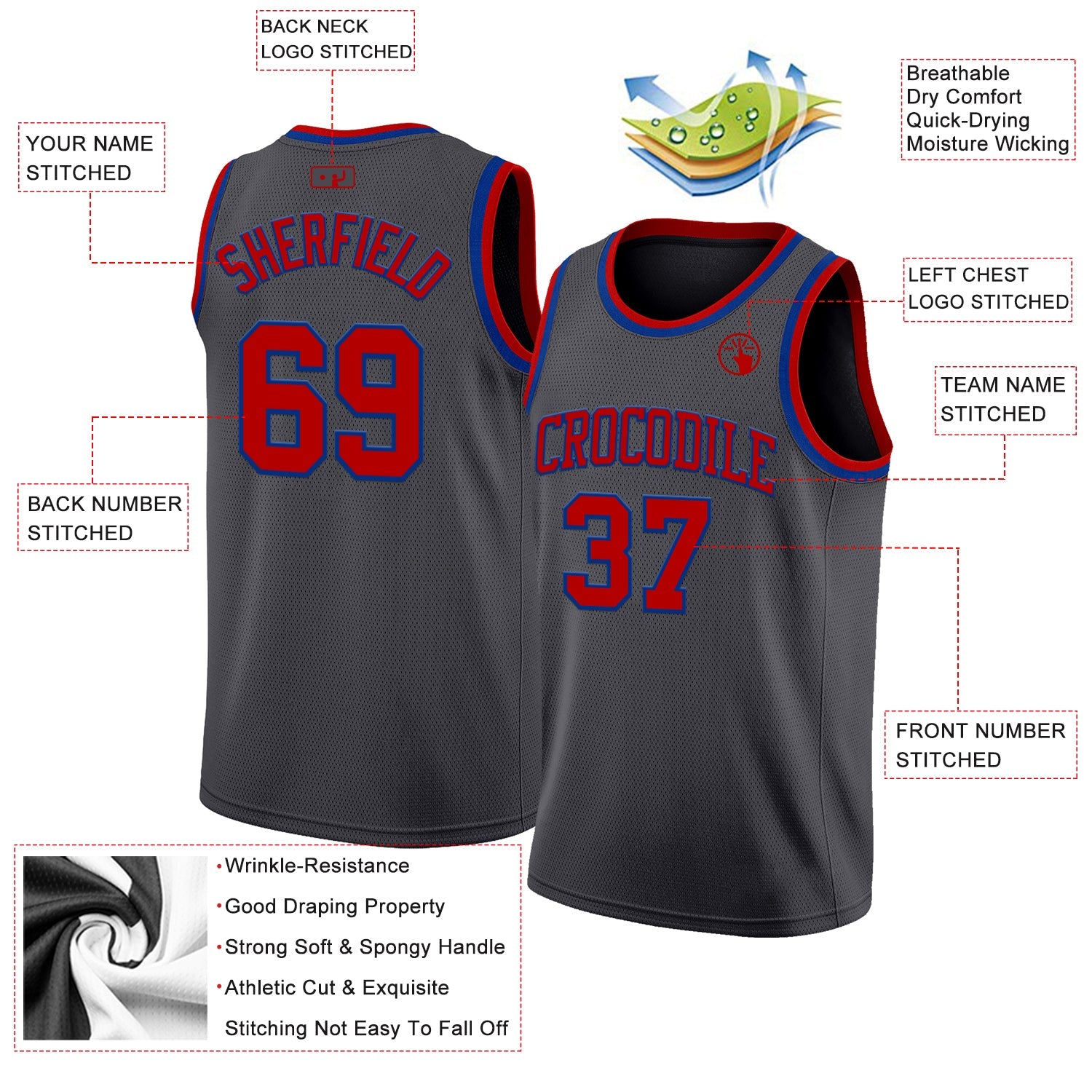 Custom Steel Gray Red-Royal Authentic Basketball Jersey - Sky-Custom