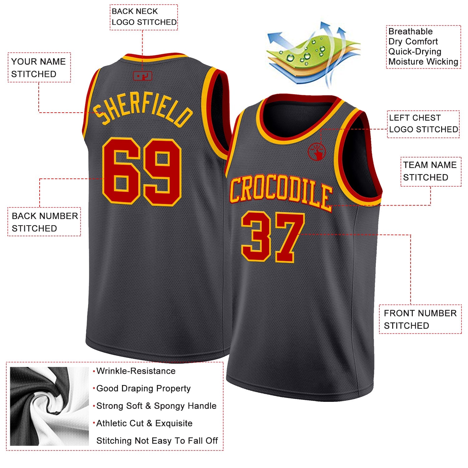 Custom Steel Gray Red-Gold Authentic Basketball Jersey - Sky-Custom