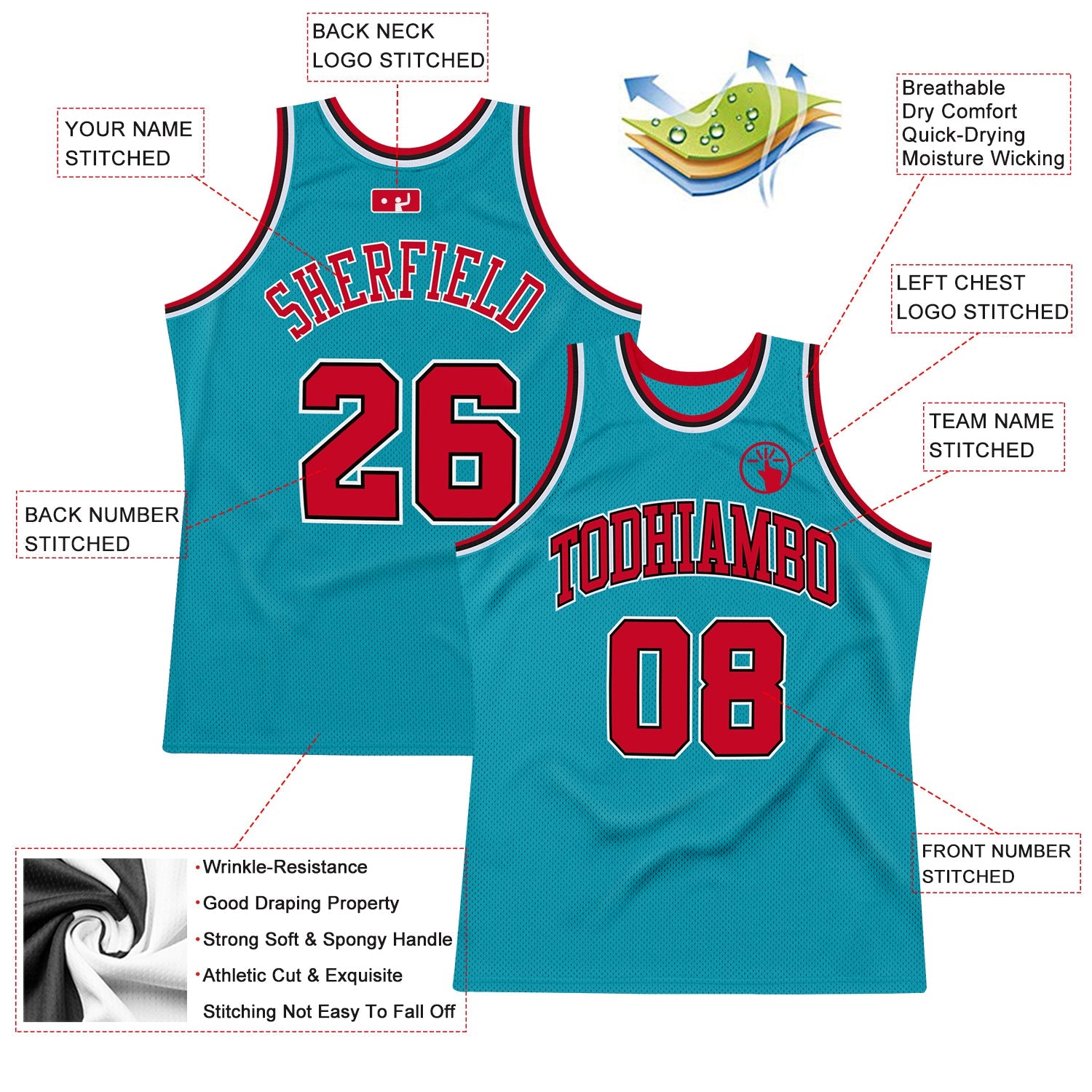 Custom Teal Red-Black Authentic Throwback Basketball Jersey - Sky-Custom