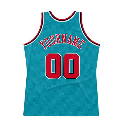 Custom Teal Red-Black Authentic Throwback Basketball Jersey - Sky-Custom