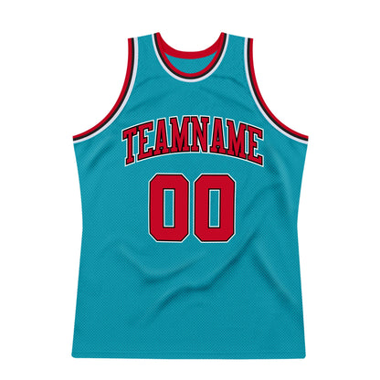 Custom Teal Red-Black Authentic Throwback Basketball Jersey - Sky-Custom