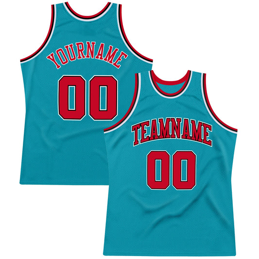 Custom Teal Red-Black Authentic Throwback Basketball Jersey - Sky-Custom