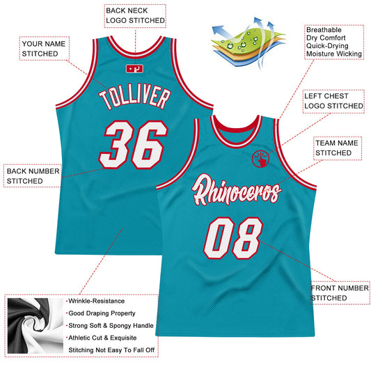 Custom Teal White-Red Authentic Throwback Basketball Jersey - Sky-Custom