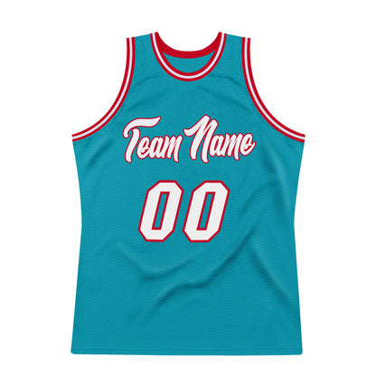 Custom Teal White-Red Authentic Throwback Basketball Jersey - Sky-Custom